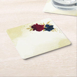 Rote Blume der Marine Gold Blätter Hochzeit Rechteckiger Pappuntersetzer