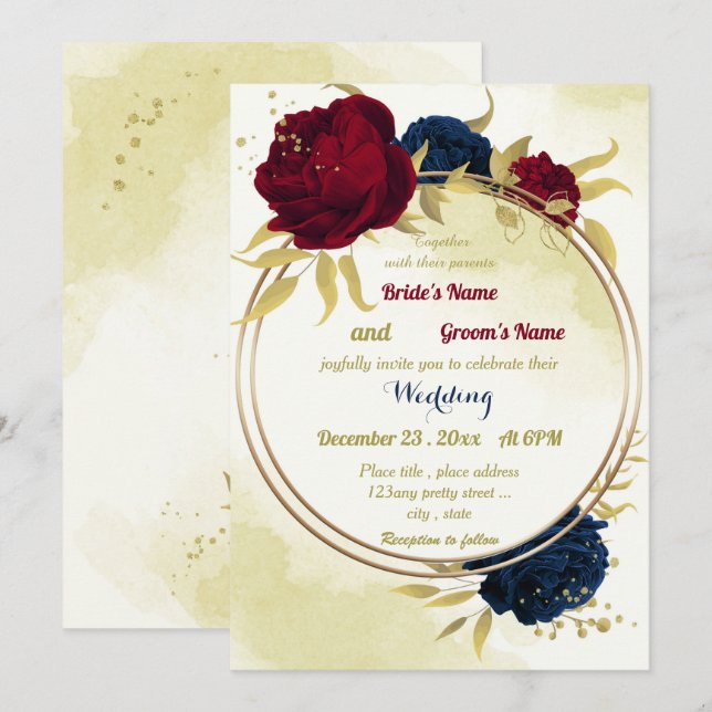 Rote Blume Gold Blätter geometrische Hochzeit Einladung (Vorne/Hinten)