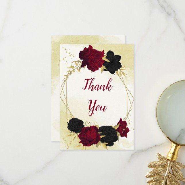 Rote Blume Gold Blätter Hochzeit Dankeskarte (Vorderseite/Rückseite Beispiel)