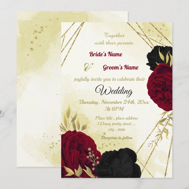 Rote Blume Gold Blätter Hochzeit Einladung (Vorne/Hinten)