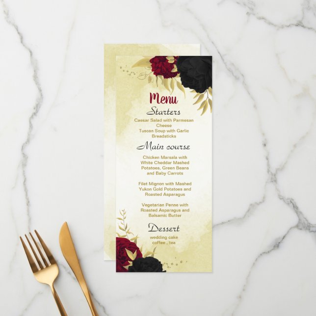 Rote Blume Gold Blätter Hochzeit Menükarte (Vorderseite/Rückseite Beispiel)