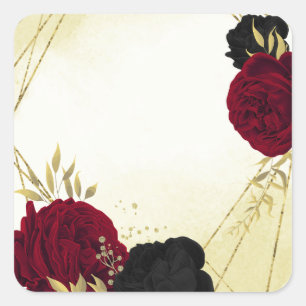 Rote Blume Gold Blätter Hochzeit Quadratischer Aufkleber