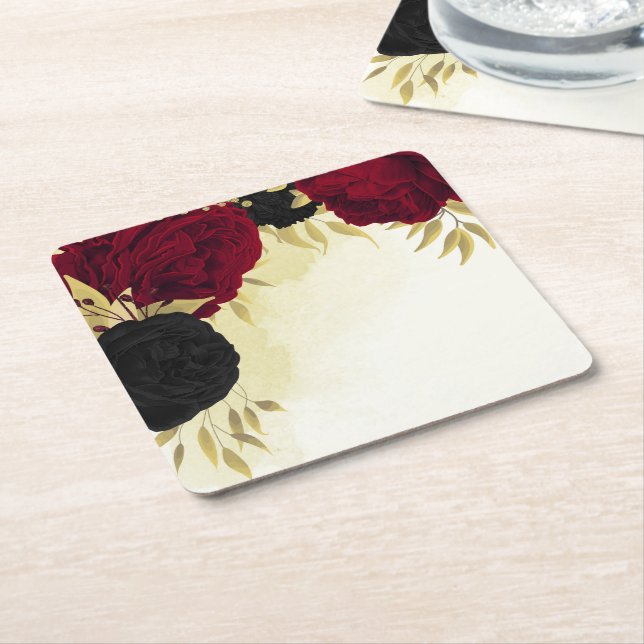 Rote Blume Gold Blätter Hochzeit Rechteckiger Pappuntersetzer (angewinkelt)