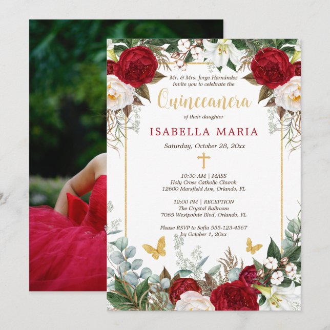 Rote Blume Gold Foil Schmetterlinge Quinceanera Einladung (Vorne/Hinten)