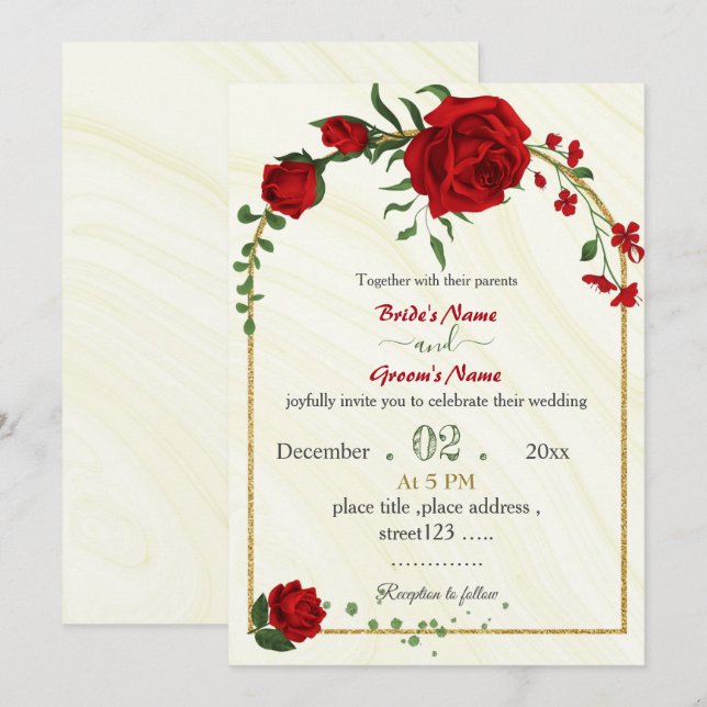 Rote Blume Grün Blätter Goldrahmen Hochzeit Einladung (Vorne/Hinten)
