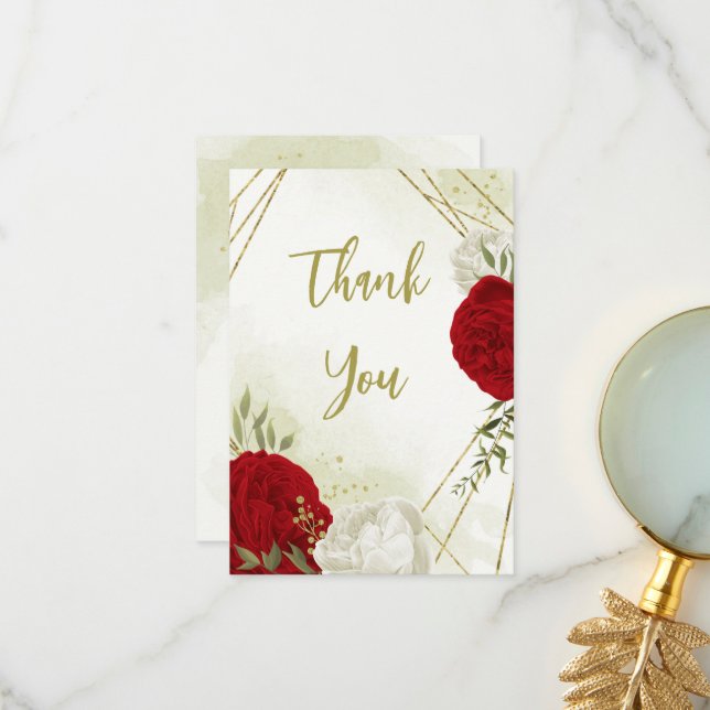 Rote Blume, grüne Blätter Dankeskarte (Vorderseite/Rückseite Beispiel)