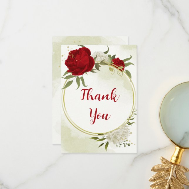 Rote Blume, grüne Blätter Dankeskarte (Vorderseite/Rückseite Beispiel)