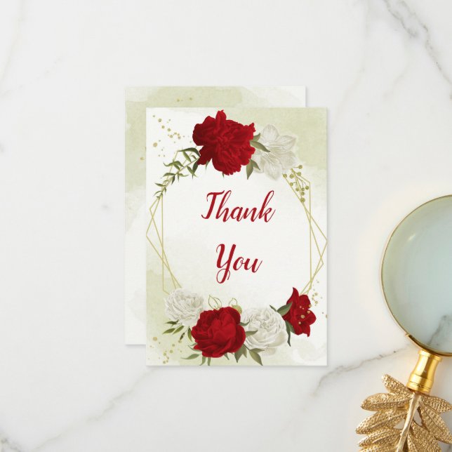 Rote Blume, grüne Blätter Dankeskarte (Vorderseite/Rückseite Beispiel)