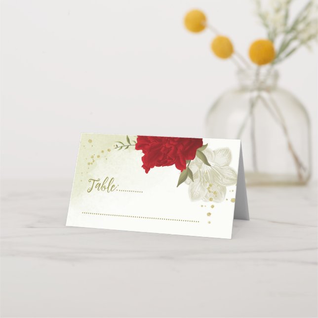 Rote Blume Grüne Blätter Hochzeit Platzkarte (Vorderseite)