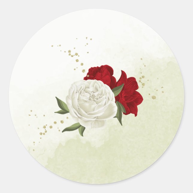 Rote Blume Grüne Blätter Hochzeit Runder Aufkleber (Vorderseite)