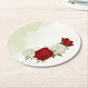 Rote Blume Grüne Blätter Hochzeit Runder Pappuntersetzer