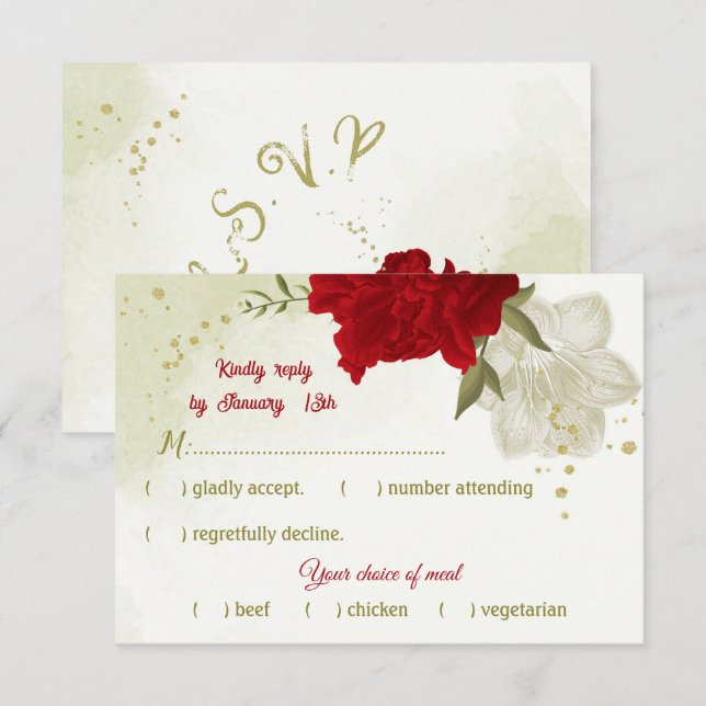 Rote Blume grüne Blätter RSVP-Karte RSVP Karte (Vorne/Hinten)