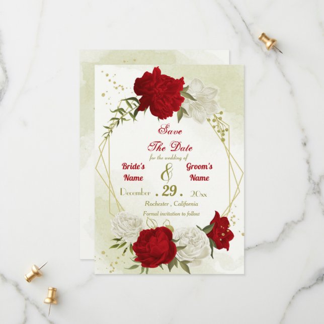 Rote Blume, grüne Blätter Save The Date (Vorderseite/Rückseite Beispiel)