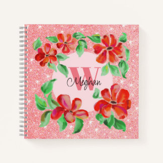 Rote Blume, handbemalt, Rosa Rosa Glitzer Notizbuch
