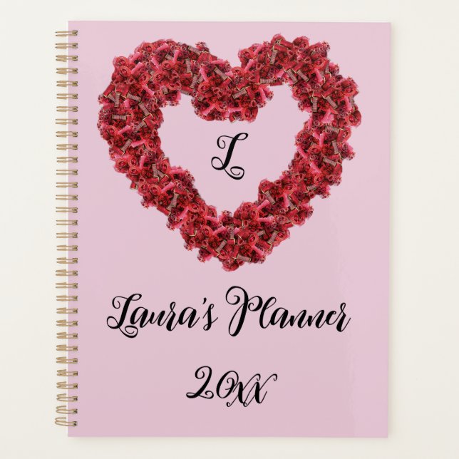 Rote Blume Herz mit anpassbarem Text, Bilder Planer (Vorderseite)