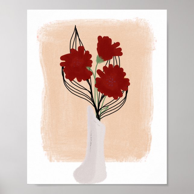 Rote Blume in Vase Handgezeichneter Kunst Poster (Vorne)