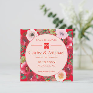 Rote Blume mit Blumenkranz Chinesische Hochzeit Save The Date
