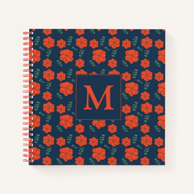 Rote Blume Muster Dunkelblaues Monogramm Notizbuch (Vorderseite)