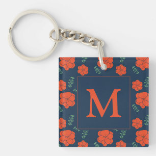 Rote Blume Muster Dunkelblaues Monogramm Schlüsselanhänger