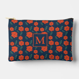 Rote Blume Muster Dunkelblaues Monogramm Zubehörtasche