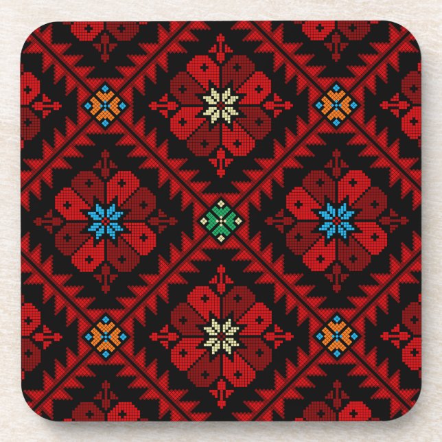 Rote Blume Palästina Stickerei täreez Muster Getränkeuntersetzer (Vorderseite)