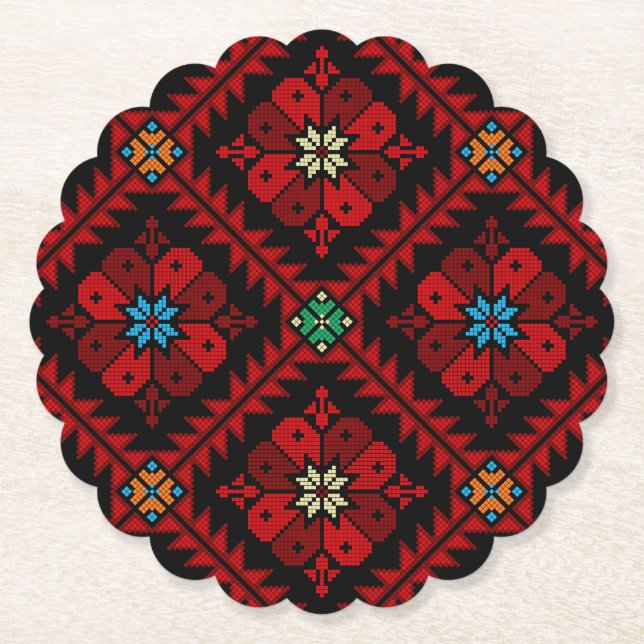 Rote Blume Palästina Stickerei täreez Muster Untersetzer (Vorderseite)