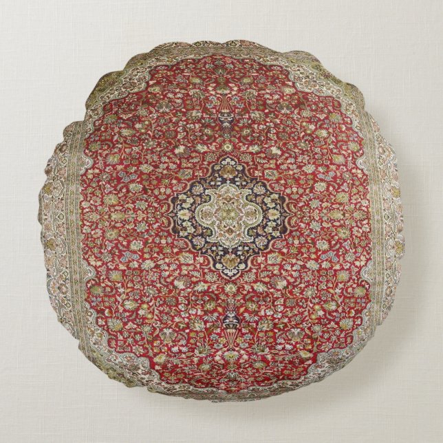Rote Blume Persischer Türkischer Rug Print Rundes Kissen (Vorderseite)