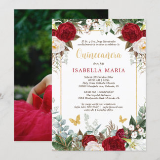 Rote Blume Quinceanera Einladung in Spanisch