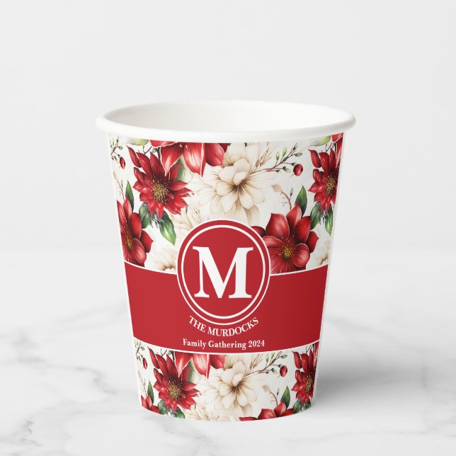 Rote Blume Sammeln Sie Papier-Cup-Monogramm-Famili Pappbecher (Vorderseite)