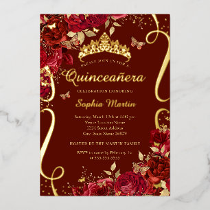 Rote Blume Schmetterling Elegante Quinceanera Folieneinladung
