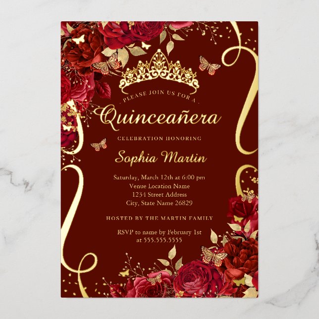 Rote Blume Schmetterling Elegante Quinceanera Folieneinladung (Vorderseite)