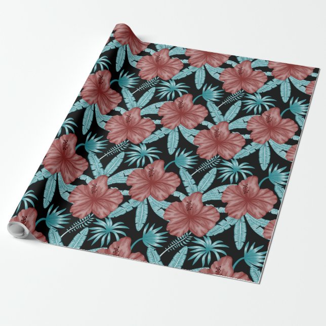 Rote Blume tropisches nahtloses Muster und blaue B Geschenkpapier (Ungerollt)