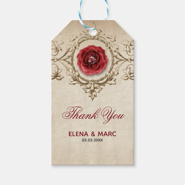 Rote Blume und beige Ornamente Geschenkanhänger (Vorderseite)