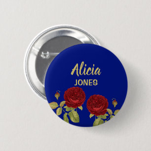 Rote Blume und Blätter blau Button