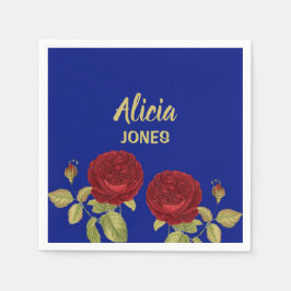 Rote Blume und Blätter blau Serviette