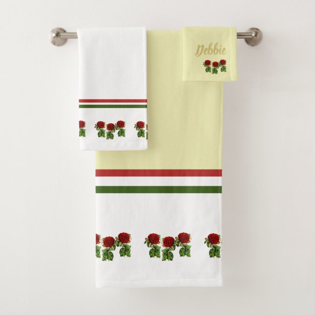 Rote Blume und grüne Blätter individuelle Name Badhandtuch Set (Insitu)