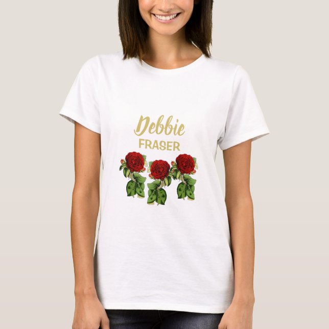 Rote Blume und grüne Blätter individuelle Name T-Shirt (Vorderseite)