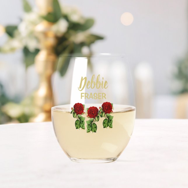 Rote Blume und grüne Blätter individuelle Name Weinglas Ohne Stiel (Insitu (Hochzeit))