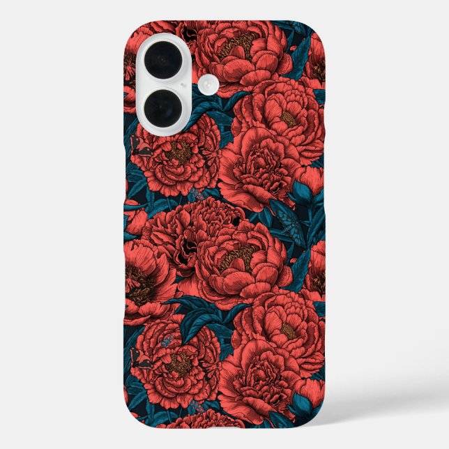 Rote Blume und Motten iPhone 16 Hülle (Rückseite)