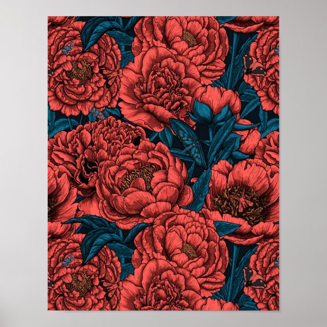 Rote Blume und Motten Poster (Vorne)