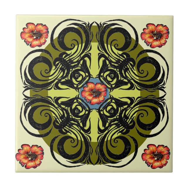 Rote Blume und schwarze Retrofliesen Fliese (Vorderseite)