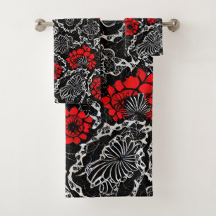 Rote Blume und schwarze Spitzen Nahtloses Muster Badhandtuch Set
