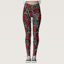 Rote Blume und schwarze Spitzen Nahtloses Muster Leggings