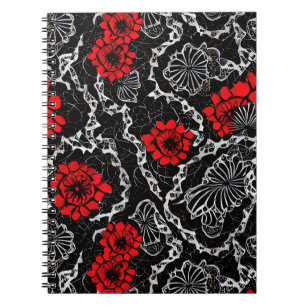 Rote Blume und schwarze Spitzen Nahtloses Muster Notizblock