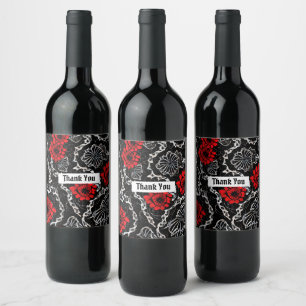 Rote Blume und schwarze Spitzen Nahtloses Muster Weinetikett