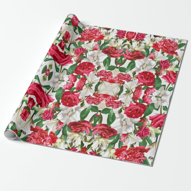 Rote Blume Wasserfarben Gartenmuster Geschenkpapier (Ungerollt)