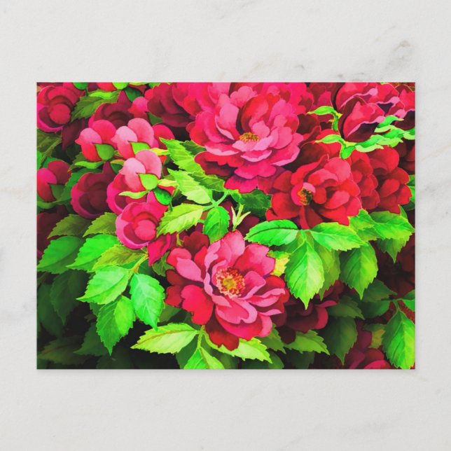 Rote Blumen Grüne Blätter Malerei Postkarte (Vorderseite)