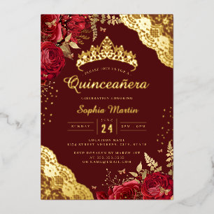 Rote Blumen-Spitze-Quinceanera  Folieneinladung