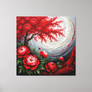 Rote Blumen und Baum vor einem wirbelnden Hintergr Leinwanddruck