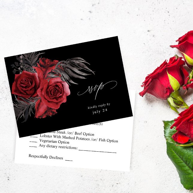 Rote Blumen und Schwarz Mahlzeiten UAWG - Schwarz RSVP Karte (Von Creator hochgeladen)